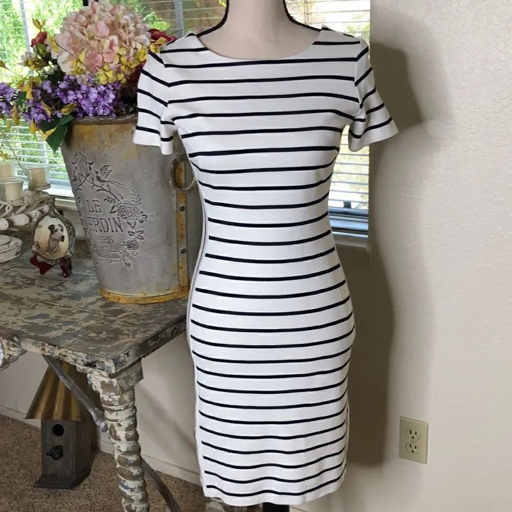 Banana Republic black and white striped fitted sheath dress